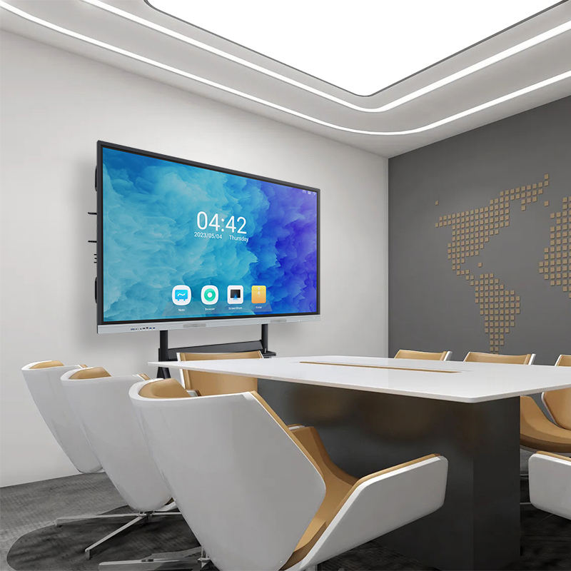 Interactive digital whiteboard in modern office setting showing collaborative brainstorming with colorful charts, graphs, and handwritten notes on touchscreen display