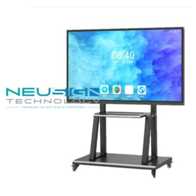 A 75-inch 4K Smart Whiteboard mounted on a wall displaying a colorful business chart and touch-responsive icons.