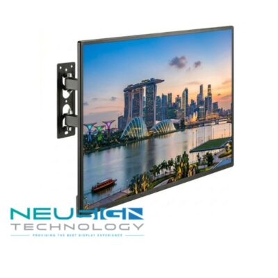 Wall-mounted digital signage display showing a high-definition Singapore Marina Bay Sands skyline at sunset with a black swivel arm bracket."