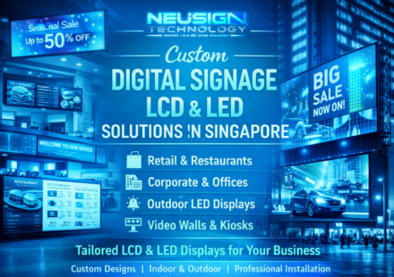 Custom digital signage LCD and LED displays in Singapore for retail stores, restaurants, corporate offices, and outdoor advertising with NEUSIGN Technology solutions.