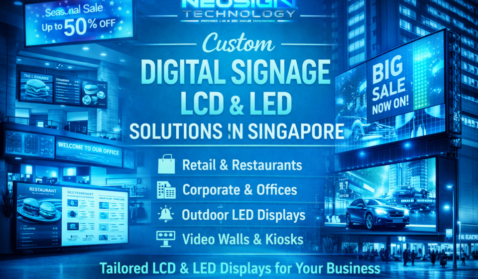 Custom digital signage LCD and LED displays in Singapore for retail stores, restaurants, corporate offices, and outdoor advertising with NEUSIGN Technology solutions.