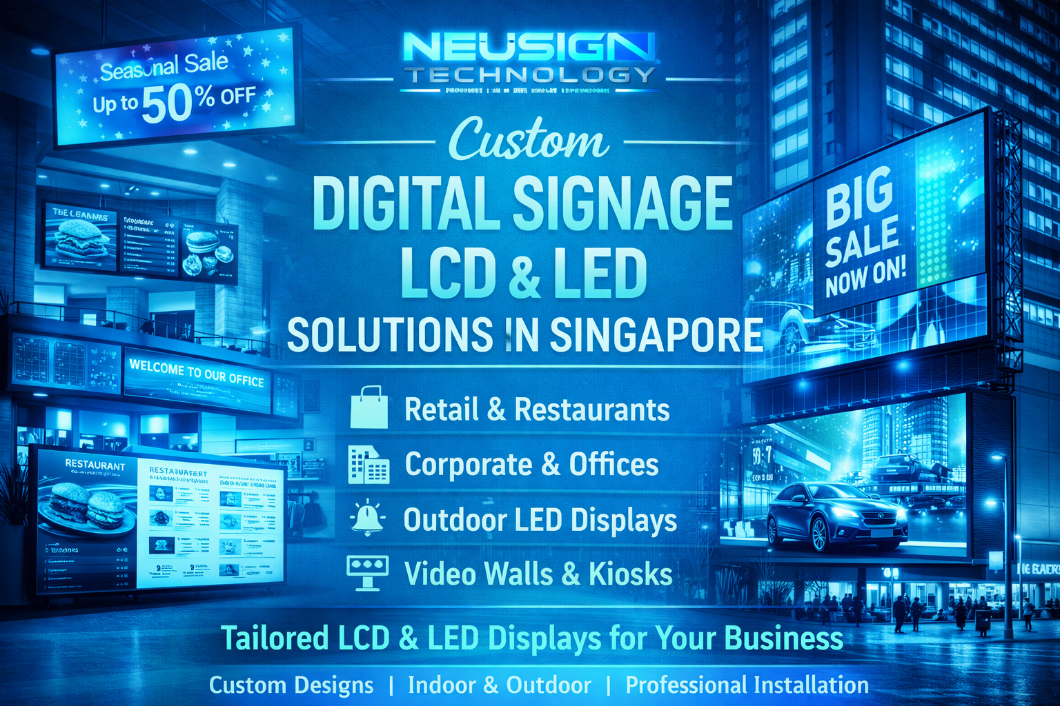Custom digital signage LCD and LED displays in Singapore for retail stores, restaurants, corporate offices, and outdoor advertising with NEUSIGN Technology solutions.